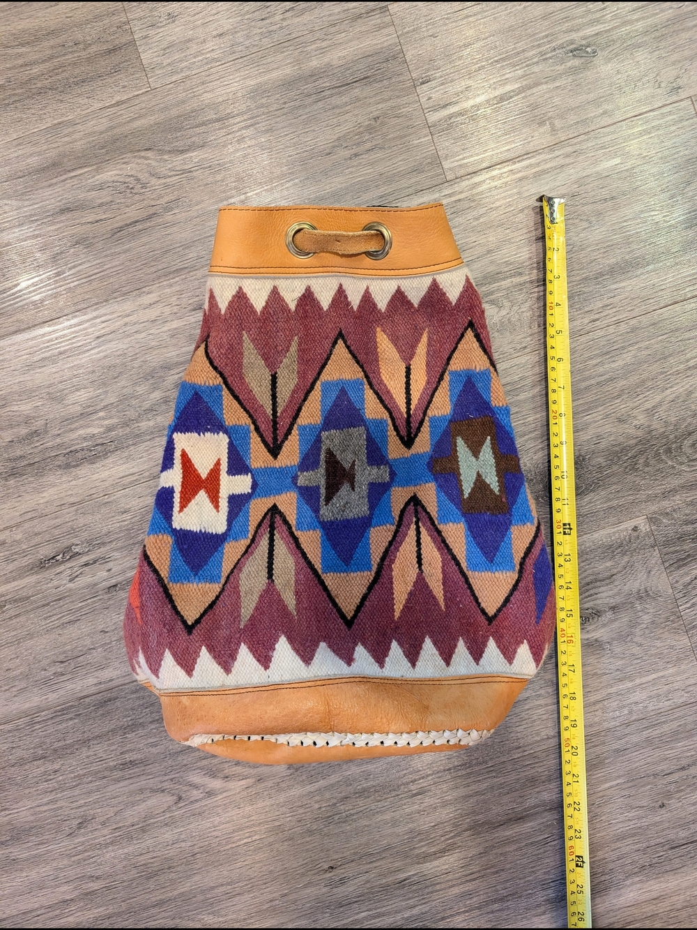 Wool Drawstring Backpack From Ecuador in Rust, Blue & Tan - Picture 4 of 5